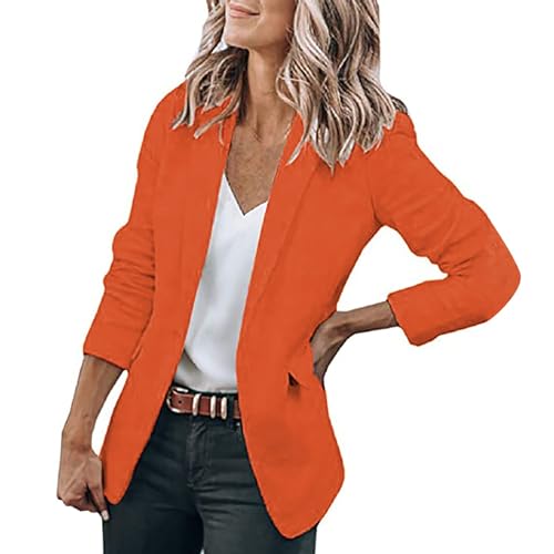 Cihdmfb Blazer Damen Große Größe Langarm Open Front Business Cardigan mit Taschen Revers Anzüge Jacken Langer Elegant Einfarbig Knopf Mantel Blazerjacke für Büro Business & Casual(A Orange,5XL) von Cihdmfb