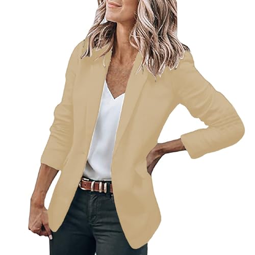 Cihdmfb Blazer Damen Große Größe Langarm Open Front Business Cardigan mit Taschen Revers Anzüge Jacken Langer Elegant Einfarbig Knopf Mantel Blazerjacke für Büro Business & Casual(A Beige,3XL) von Cihdmfb
