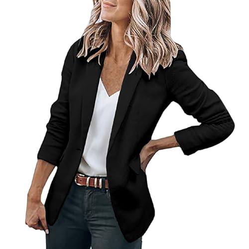 Cihdmfb Blazer Damen Große Größe Langarm Open Front Business Cardigan mit Taschen Revers Anzüge Jacken Langer Elegant Einfarbig Knopf Mantel Blazerjacke für Büro Business & Casual(A Schwarz,4XL) von Cihdmfb