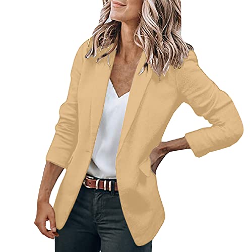 Cihdmfb Blazer Damen Große Größe Langarm Open Front Business Cardigan mit Taschen Revers Anzüge Jacken Langer Elegant Einfarbig Knopf Mantel Blazerjacke für Büro Business & Casual(C Khaki,M) von Cihdmfb