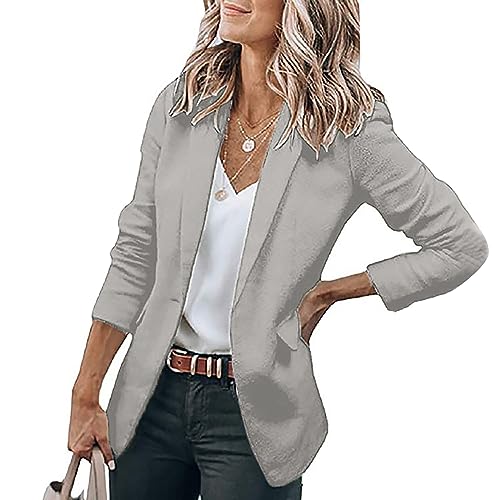 Cihdmfb Blazer Damen Große Größe Langarm Open Front Business Cardigan mit Taschen Revers Anzüge Jacken Langer Elegant Einfarbig Knopf Mantel Blazerjacke für Büro Business & Casual(E Grau,3XL) von Cihdmfb