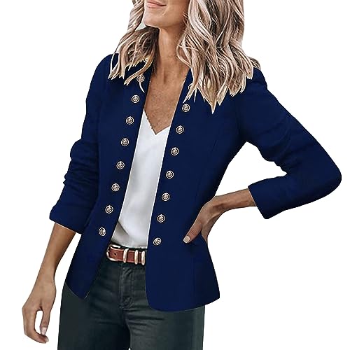 Cihdmfb Blazer Damen Große Größe Langarm Open Front Business Cardigan mit Taschen Revers Anzüge Jacken Langer Elegant Einfarbig Knopf Mantel Blazerjacke für Büro Business & Casual(F Marineblau,3XL) von Cihdmfb