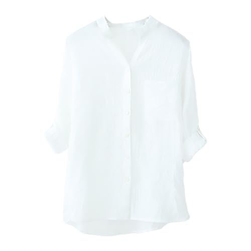 Cihdmfb Bluse Damen Sommer Baumwolle Leinenbluse V-Ausschnitt Button-Down Hemdbluse Lose Baumwolle Leinen Hemd Roll Up Ärmel Shirts Tunika Lässige Langarmshirt Oberteil Tops(A Weiß,3XL) von Cihdmfb