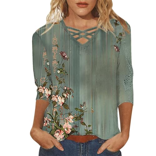 Cihdmfb Bluse Damen Vintage Blumen Druck T-Shirt Casual V-Ausschnitt 3/4 Arm Sommershirts Klassischer Lose Tunika Shirt Blumen Langarm Damenblusen Leicht Und Luftig Oberteile Tops(B Grün,3XL) von Cihdmfb