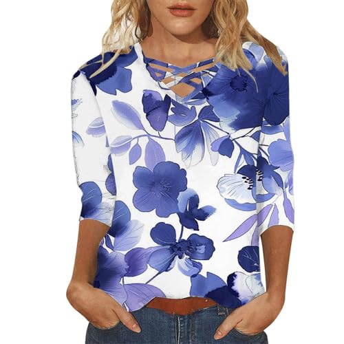 Cihdmfb Bluse Damen Vintage Blumen Druck T-Shirt Casual V-Ausschnitt 3/4 Arm Sommershirts Klassischer Lose Tunika Shirt Blumen Langarm Damenblusen Leicht Und Luftig Oberteile Tops(C Lila,XL) von Cihdmfb