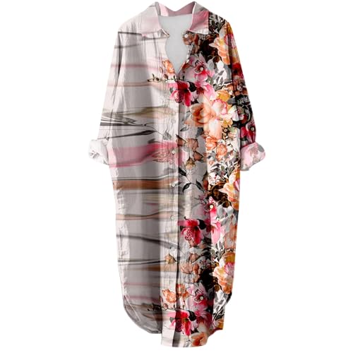 Cihdmfb Blusekleid Damen Casual Revers V-Ausschnitt Shirtkleid Hemdkleid Vintage Drucken Langarm Knöpfen Tunikakleider Große Größen Locker Midikleid Aufrollbaren Ärmeln Freizeitkleider(D Rosa,5XL) von Cihdmfb