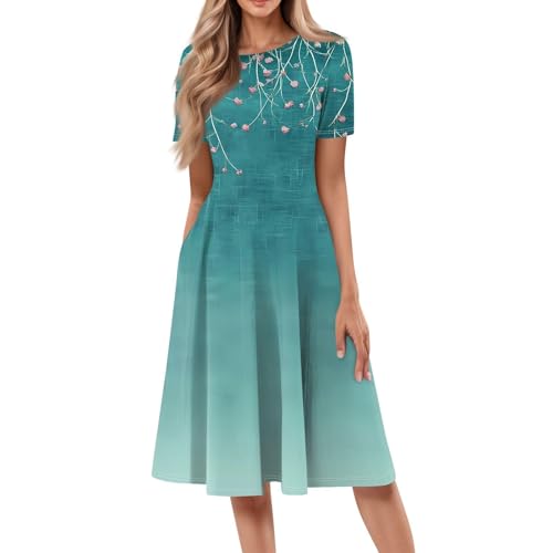 Cihdmfb Blusenkleid Damen Elegant Einfarbig Knielang Sommerkleid Lässiges Rundhals Kurzarm Shirtkleid Große Größen Locker Tunikakleid Strandkleid A Linie Swing Kleider mit Taschen(E Grün,3XL) von Cihdmfb
