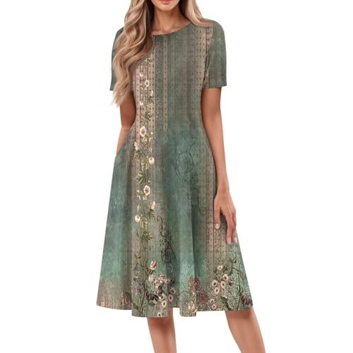 Cihdmfb Blusenkleid Damen Elegant Einfarbig Knielang Sommerkleid Lässiges Rundhals Kurzarm Shirtkleid Große Größen Locker Tunikakleid Strandkleid A Linie Swing Kleider mit Taschen(G Grün-2,3XL) von Cihdmfb
