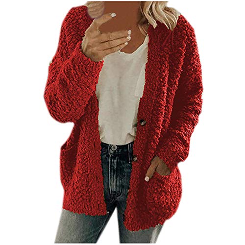 Cihdmfb Cardigan Damen Große Größe Strickjacke Winter Elegant Einfarbig Lange Ärmel Casual Pullover Mantel Damen Knopfleiste Open Front Strickcardigan Plush Sweater Outwear(A Rot,6XL) von Cihdmfb
