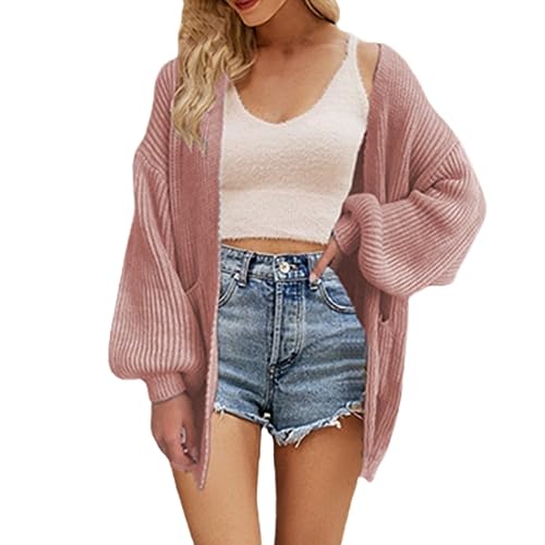 Cihdmfb Cardigan Damen Langarm Gestrickt Strickjacke Winter Casual Lose Strickcardigan Vintage Einfarbig Leichte Lässige Weiche Strickpullover Freizeitjacke Mantel Mit Taschen(D Rosa,S) von Cihdmfb