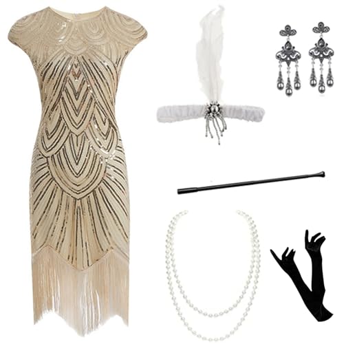 Cihdmfb Cocktailkleid Damen 1920er Jahre Rundhals Pailletten Flapper Kleid mit Kurz Ärmel Cocktailkleid Partykleid 20er Jahre Kostüm Abschlussballkleid mit 20er Jahren Zubehör Set(A Beige,4XL) von Cihdmfb