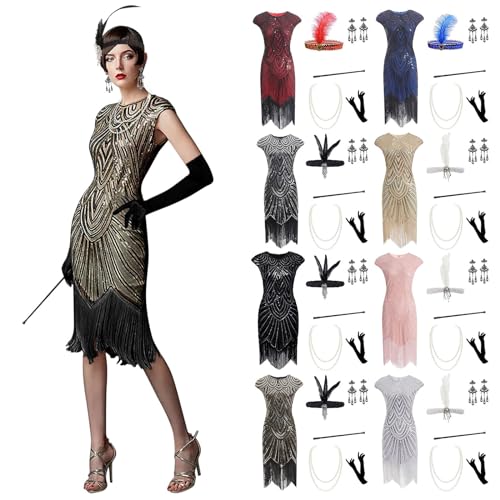 Cihdmfb Cocktailkleid Damen 1920er Jahre Rundhals Pailletten Flapper Kleid mit Kurz Ärmel Cocktailkleid Partykleid 20er Jahre Kostüm Abschlussballkleid mit 20er Jahren Zubehör Set(A Gold,3XL) von Cihdmfb