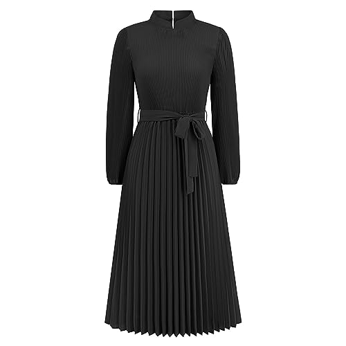 Cihdmfb Cocktailkleid Damen V-Ausschnitt Swing A-Linie Kleid Hohe Taille Plisse Ballkleid Tunika Partykleider Elegant Lang Einfarbig Langarm Kleider Sexy Abendkleid mit Gürtel(D Schwarz,XXL) von Cihdmfb