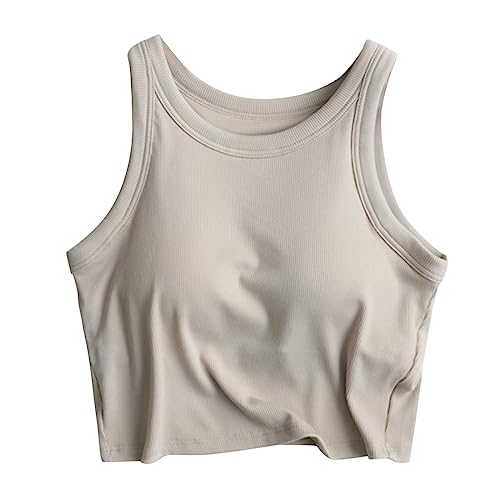 Cihdmfb Crop Tops Damen Mit Integriertem BH Verstellbarer Spaghetti BH-Hemd Elegant Einfarbig V-Ausschnitt Unterziehshirt Gepolstert Tanktops Slim Fit Trägertop Y2K Tank Top(B Beige,L) von Cihdmfb