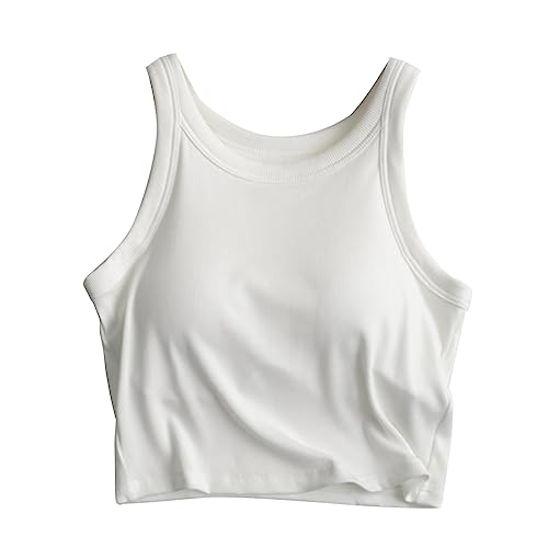 Cihdmfb Crop Tops Damen Mit Integriertem BH Verstellbarer Spaghetti BH-Hemd Elegant Einfarbig V-Ausschnitt Unterziehshirt Gepolstert Tanktops Slim Fit Trägertop Y2K Tank Top(B Weiß,S) von Cihdmfb