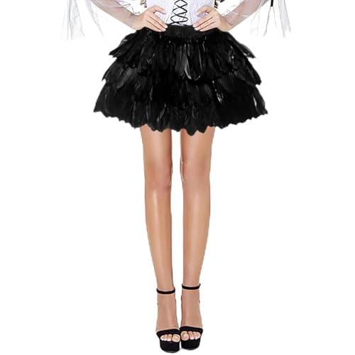 Cihdmfb Feder Rock Damen Elastische Körpergeschirr Taille A-line Federrock Mode Gothic Karnevalkostüm Cosplay Minirock Karneval Party Rock Kurzer Tanz Rock Federkleid Bühnenkostüm(A Schwarz,S) von Cihdmfb