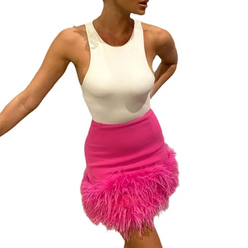 Cihdmfb Feder Rock Damen Elastische Taille Faux Feder Rock KarnevalkostüM Feder Röcke Karneval Kostüm Party Kurzer Federrock Tanz Rock Bühnenkostüm Party Minirock Cosplay Minirock(D Rosa,M) von Cihdmfb