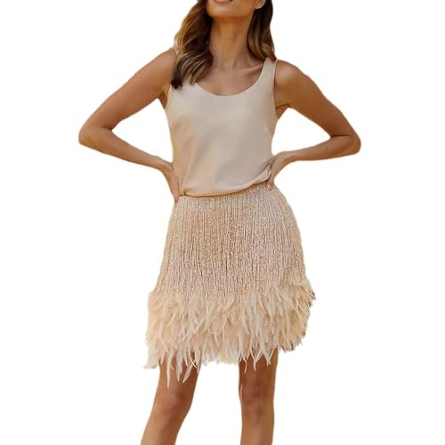 Cihdmfb Feder Rock Damen Elastische Taille Faux Feder Rock KarnevalkostüM Feder Röcke Karneval Kostüm Party Kurzer Federrock Tanz Rock Bühnenkostüm Party Minirock Cosplay Minirock(F Beige,XL) von Cihdmfb