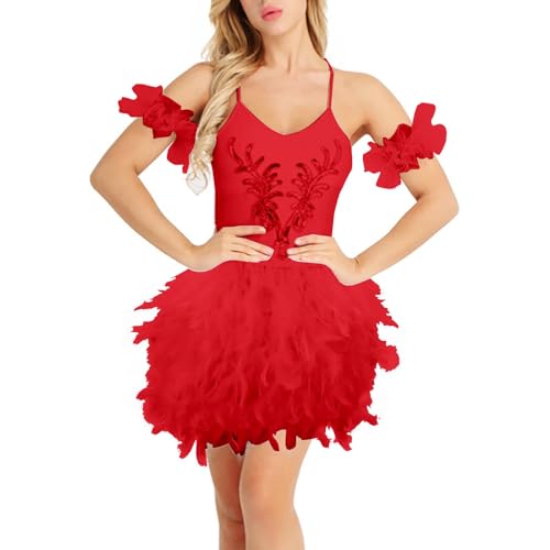 Cihdmfb Feder Rock Damen Karnevalkostüm Feder Röcke Karneval Kostüm Party Kurzer Federrock Elastische Taille Faux Feder Rock Tanz Rock Bühnenkostüm Party Minirock Cosplay Minirock(A Rot,L) von Cihdmfb