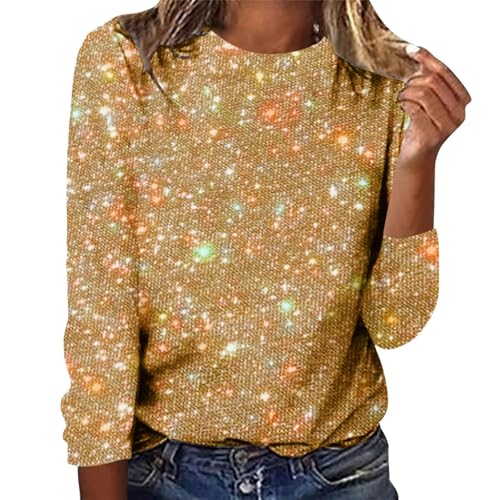 Cihdmfb Festliche Blusen Damen Rundhals 3/4 Ärmel Festlich Shirt Pailletten Oberteil mit Glitzer Große Größen Casual Langarm Silvester Outfit Tunika Elegant Glitzer Bluse Shirt Tops(B Gold,M) von Cihdmfb