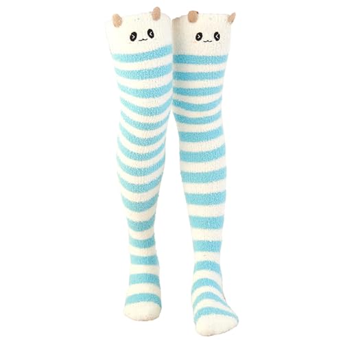 Cihdmfb Flauschige Kniestrümpfe Damen Winter Overknee Flauschige Coral Fleece Strümpfe Warme Damen Kuschelsocken Lange Gestreifte Thigh High Socks Oberschenkel(F Blau) von Cihdmfb