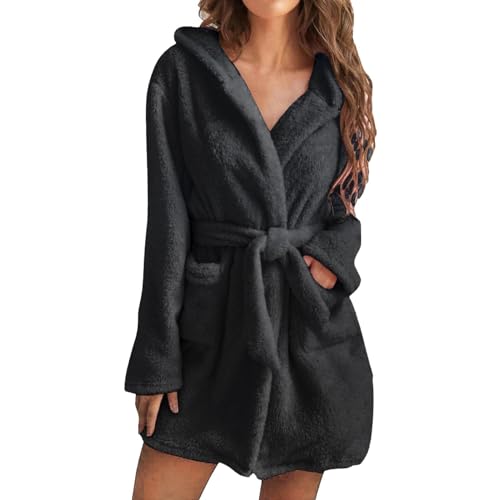 Cihdmfb Fleece Bademantel mit Kapuze Damen kurz Plüsch Bademantel Winter Einfarbig Warme Morgenmantel Damen leicht flauschig Bademäntel süß kurz Hausmantel mit Taschen(D Schwarz,XXL) von Cihdmfb