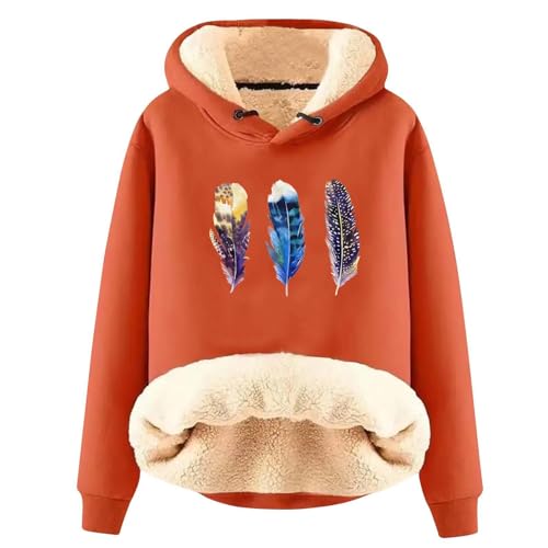 Cihdmfb Fleece-Kapuzenpullover Damen Oversize Fleece Gefütterte Sweatshirt Winter Warm Fleece Sherpa Gefütterter Pullover Feder Druck Sportlicher Hooded Pulli Fleecepullover Hoodie(A Orange,3XL) von Cihdmfb