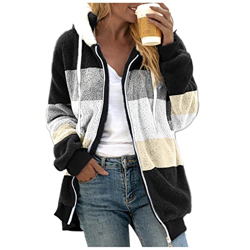 Cihdmfb Fleecejacke Damen Oversize Teddy Fleece Winterjacke Mantel Winter Warm Gefüttert Kapuzenpullover Hoodie Jacken Flauschig Plüschjacke mit Kapuze Reißverschluss Fellmantel(A Schwarz,L) von Cihdmfb