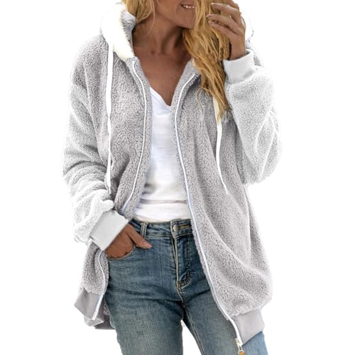 Cihdmfb Fleecejacke Damen Vintage Oversize Einfarbig Mantel Winter Mode Teddy-Fleece Warm Hoodie Pullover Jacken Reißverschluss Plüschjacke Fleecejacke Oberteile Mit Taschen(B Grau,4XL) von Cihdmfb