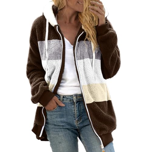Cihdmfb Fleecejacke Damen Vintage Oversize Einfarbig Mantel Winter Mode Teddy-Fleece Warm Hoodie Pullover Jacken Reißverschluss Plüschjacke Fleecejacke Oberteile Mit Taschen(F Braun,5XL) von Cihdmfb