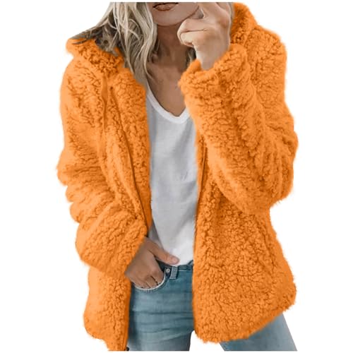 Cihdmfb Fleecejacke Damen Winter Warm Gefüttert Teddy Fleece Mantel Wintermantel Flauschig Plüschjacke mit Taschen Reißverschluss Winterjacke Oversize Einfarbig Lässige Jacken Outwear(G Orange,4XL) von Cihdmfb