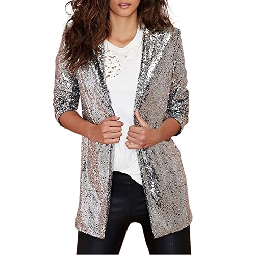 Cihdmfb Glitzer Jacke Damen Rundhals Langarm Pailletten Jacke Party Club Metallic Glitzer Sequin Bomberjacke Kostüme Karneval Pailletten Jacke Frühling Glitzer Kurz Outwear Oberteil Tops(H Silber,L) von Cihdmfb