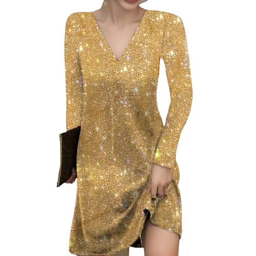 Cihdmfb Glitzer Kleid Damen Große Größe Pailettenkleider Elegant V-Ausschnitt Langarm Festlich Partykleid Glitzer Cocktailkleid Pailletten Frauen Kleider Glitzerkleid Abendkleid(A Gelb,XXL) von Cihdmfb