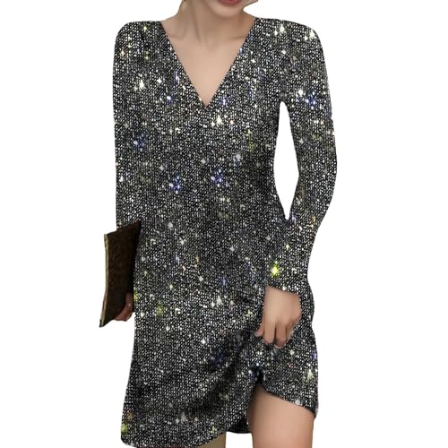 Cihdmfb Glitzer Kleid Damen Große Größe Pailettenkleider Elegant V-Ausschnitt Langarm Festlich Partykleid Glitzer Cocktailkleid Pailletten Frauen Kleider Glitzerkleid Abendkleid(A Schwarz,3XL) von Cihdmfb