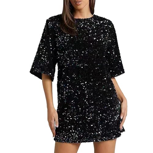 Cihdmfb Glitzer Kleid Damen Große Größe Pailettenkleider Elegant V-Ausschnitt Langarm Festlich Partykleid Glitzer Cocktailkleid Pailletten Frauen Kleider Glitzerkleid Abendkleid(C Schwarz,XL) von Cihdmfb