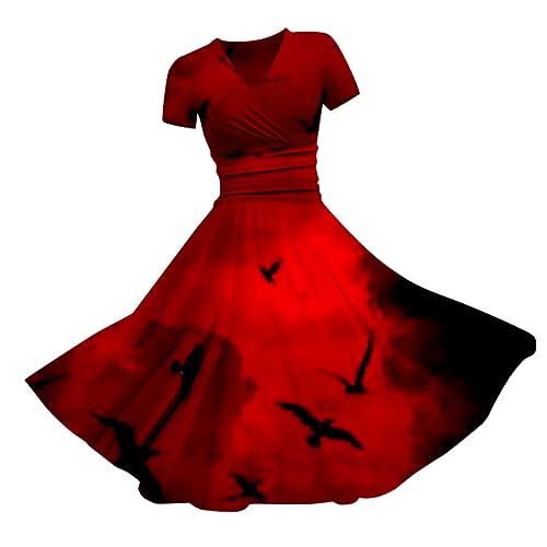 Cihdmfb Halloween Kleid Damen Oversize Rockabilly Kleider Vintage Halloween Druck Cocktailkleid Sexy V-Ausschnitt Kurzarm Ballkleid A-Line Knielang Swing Kleid Faltenrock Abendkleid(AB-Rot,XXL) von Cihdmfb