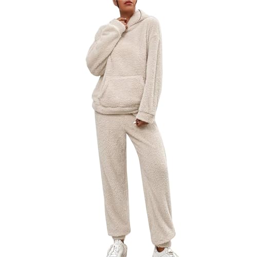 Cihdmfb Hausanzug Damen Winter Teddy Fleece Warme Schlafanzug Casual Langarm Hoodies und Hosen 2 Stück Anzug Set Mit Kapuze Pullover und Haushose Weich Freizeitanzug Warm Homewear Set(A Beige,L) von Cihdmfb