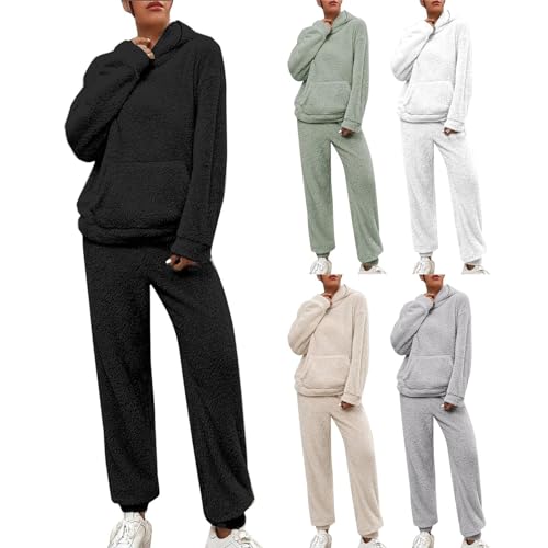 Cihdmfb Hausanzug Damen Winter Teddy Fleece Warme Schlafanzug Casual Langarm Hoodies und Hosen 2 Stück Anzug Set Mit Kapuze Pullover und Haushose Weich Freizeitanzug Warm Homewear Set(A Schwarz,S) von Cihdmfb