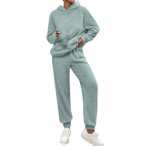 Cihdmfb Hausanzug Damen Winter Teddy Fleece Warme Schlafanzug Casual Langarm Hoodies und Hosen 2 Stück Anzug Set Mit Kapuze Pullover und Haushose Weich Freizeitanzug Warm Homewear Set(B Mintgrün,XXL) von Cihdmfb