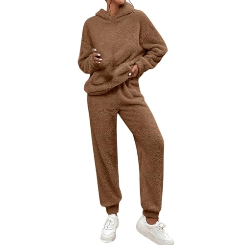 Cihdmfb Hausanzug Damen Winter Teddy Fleece Warme Schlafanzug Casual Langarm Hoodies und Hosen 2 Stück Anzug Set Mit Kapuze Pullover und Haushose Weich Freizeitanzug Warm Homewear Set(B Braun,M) von Cihdmfb