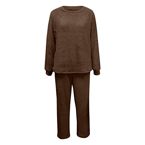 Cihdmfb Hausanzug Damen Winter Teddy Fleece Warme Schlafanzug Casual Langarm Hoodies und Hosen 2 Stück Anzug Set Mit Kapuze Pullover und Haushose Weich Freizeitanzug Warm Homewear Set(E Kaffee,M) von Cihdmfb