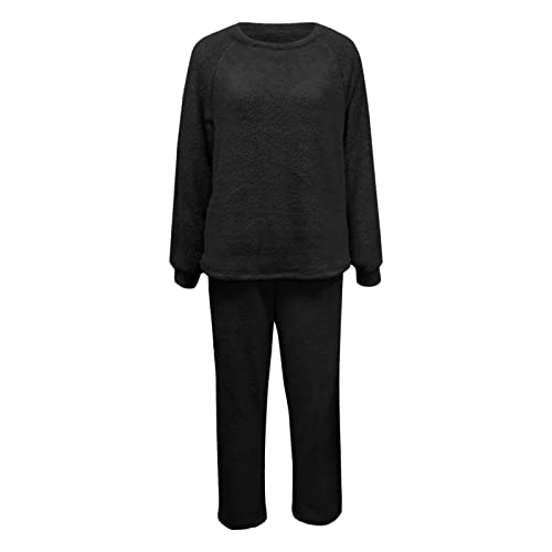 Cihdmfb Hausanzug Damen Winter Teddy Fleece Warme Schlafanzug Casual Langarm Hoodies und Hosen 2 Stück Anzug Set Mit Kapuze Pullover und Haushose Weich Freizeitanzug Warm Homewear Set(E Schwarz,L) von Cihdmfb