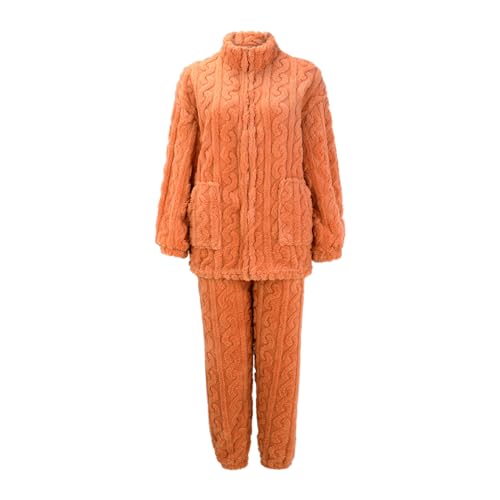 Cihdmfb Hausanzug Damen Winter Warm Flauschig Jogginganzug Damen Fleece Kuschelig Freizeitanzug Warm Schlafanzug Flanell-Kuschelanzug Flauschig 2 Teilig Teddy-Fleece Trainingsanzug(A Orange,L) von Cihdmfb