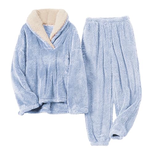 Cihdmfb Hausanzug Damen Winter Warm Flauschig Jogginganzug Damen Fleece Kuschelig Freizeitanzug Warm Schlafanzug Flanell-Kuschelanzug Flauschig 2 Teilig Teddy-Fleece Trainingsanzug(B Blau,L) von Cihdmfb