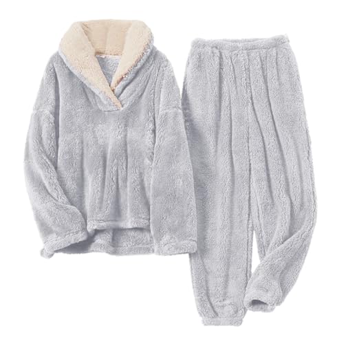 Cihdmfb Hausanzug Damen Winter Warm Flauschig Jogginganzug Damen Fleece Kuschelig Freizeitanzug Warm Schlafanzug Flanell-Kuschelanzug Flauschig 2 Teilig Teddy-Fleece Trainingsanzug(B Grau,XXL) von Cihdmfb
