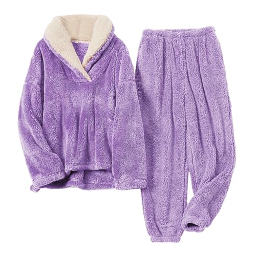 Cihdmfb Hausanzug Damen Winter Warm Flauschig Jogginganzug Damen Fleece Kuschelig Freizeitanzug Warm Schlafanzug Flanell-Kuschelanzug Flauschig 2 Teilig Teddy-Fleece Trainingsanzug(B Lila,L) von Cihdmfb