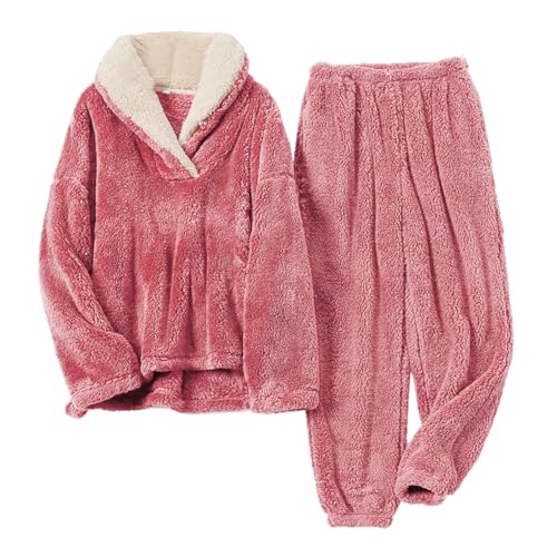Cihdmfb Hausanzug Damen Winter Warm Flauschig Jogginganzug Damen Fleece Kuschelig Freizeitanzug Warm Schlafanzug Flanell-Kuschelanzug Flauschig 2 Teilig Teddy-Fleece Trainingsanzug(B Rosa,XL) von Cihdmfb