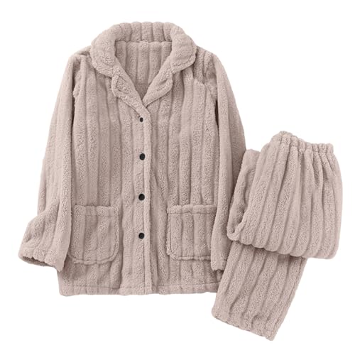 Cihdmfb Hausanzug Damen Winter Warm Flauschig Jogginganzug Damen Fleece Kuschelig Freizeitanzug Warm Schlafanzug Flanell-Kuschelanzug Flauschig 2 Teilig Teddy-Fleece Trainingsanzug(C Khaki,L) von Cihdmfb