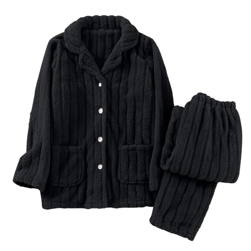 Cihdmfb Hausanzug Damen Winter Warm Flauschig Jogginganzug Damen Fleece Kuschelig Freizeitanzug Warm Schlafanzug Flanell-Kuschelanzug Flauschig 2 Teilig Teddy-Fleece Trainingsanzug(C Schwarz,L) von Cihdmfb