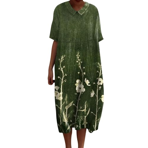 Cihdmfb Hemdkleid Damen Casual Revers Rundhals Blusenkleid Sommer Vintage Blumen Druck Knielang Sommerkleid Kurzarm Baumwolle Leinen Kleider Leicht Lockerer Freizeitkleid Strandkleider(B AG,XXL) von Cihdmfb